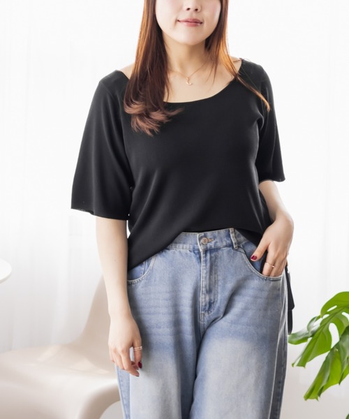 CLETTE（クレット）の「スクープネックリブニット（ニット/セーター・レディース・オフホワイト/チャコールグレー/ブラック・LL/3L/4L）」の8枚目の写真