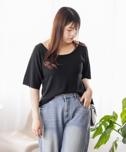 CLETTE（クレット）の「スクープネックリブニット（ニット/セーター・レディース・オフホワイト/チャコールグレー/ブラック・LL/3L/4L）」の9枚目の写真