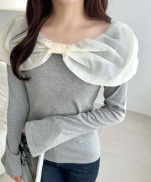 グレー シルク混合 オフショルダー 長袖トップス グレー シルク混合 オフショルダー 長袖トップス