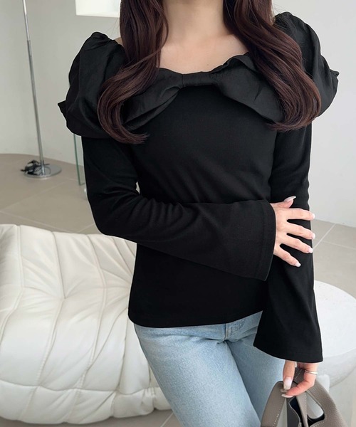 mily bilet(ミウィビレット)の「【mily bilet】大人フェミニンを叶える♪オフショル2WAYオーガンジーリボンプルオーバー(長袖)(Tシャツ/カットソー・レディース・ブラック/アイボリー/グレー・LARGE/MEDIUM/SMALL/X-LARGE)」の3枚目の写真