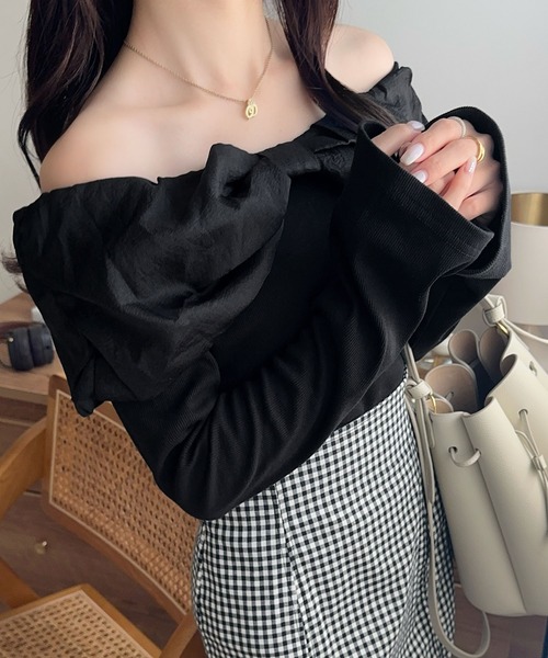 mily bilet(ミウィビレット)の「【mily bilet】大人フェミニンを叶える♪オフショル2WAYオーガンジーリボンプルオーバー(長袖)(Tシャツ/カットソー・レディース・ブラック/アイボリー/グレー・LARGE/MEDIUM/SMALL/X-LARGE)」の12枚目の写真