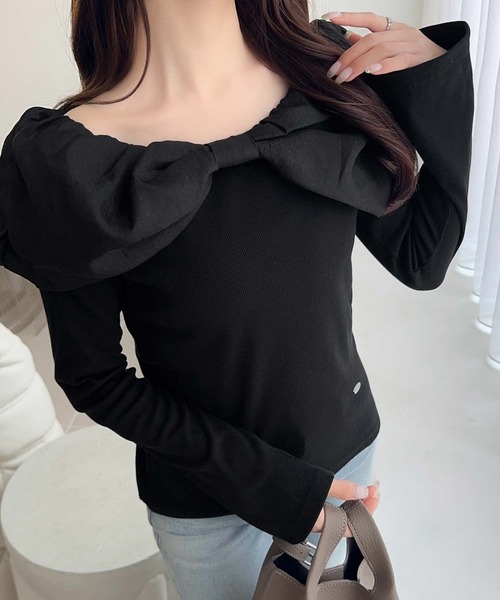 mily bilet(ミウィビレット)の「【mily bilet】大人フェミニンを叶える♪オフショル2WAYオーガンジーリボンプルオーバー(長袖)(Tシャツ/カットソー・レディース・ブラック/アイボリー/グレー・LARGE/MEDIUM/SMALL/X-LARGE)」の8枚目の写真