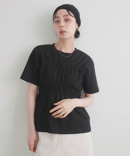 LIAN(リアン)の「シャーリングビスチェTシャツ(Tシャツ/カットソー・レディース・オフホワイト/チャコールグレー/ブラック/ブラウン・FREE)」の1枚目の写真