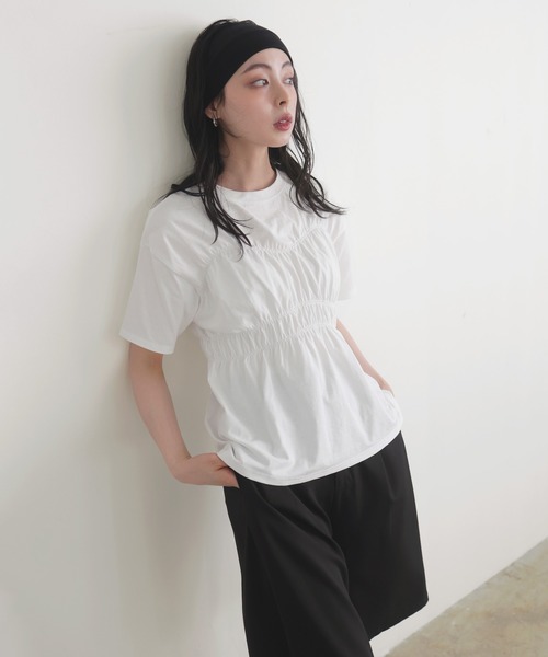 tシャツ シャーリングギャザービスチェデザインTシャツ レディース LIAN tシャツ シャーリングギャザーTシャツ レディース