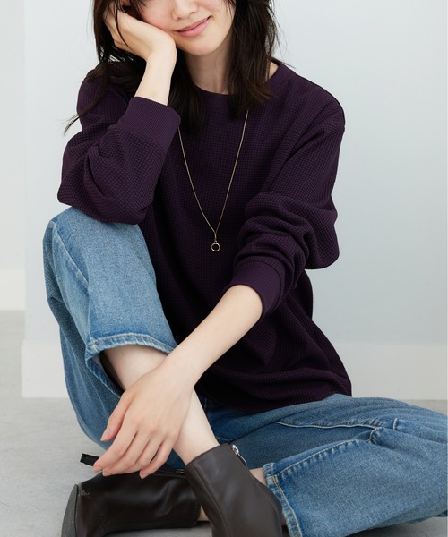 BELLUNA PLUS(ベルーナ)の「乾きやすいドライワッフルプルオーバー(Tシャツ/カットソー・レディース・イエロー/ワイン/グレイッシュベージュ/ブラック・MEDIUM/LARGE/X-LARGE)」の4枚目の写真