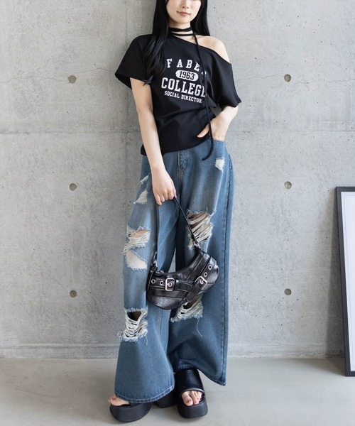 clear（クリア）の「チョーカー付きワンショルロゴTシャツ［カジュアル 韓国ファッション 半袖］（Tシャツ/カットソー・レディース・オフホワイト/イエロー/ブラック・F）」の7枚目の写真