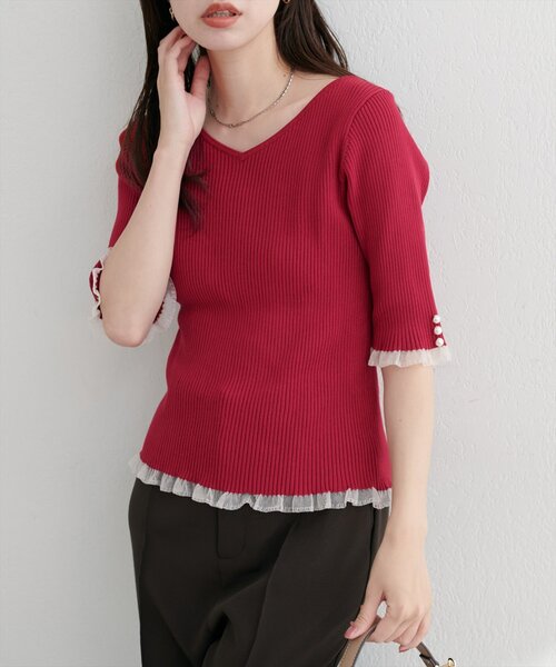 natural couture（ナチュラルクチュール）の「前後2WAYシアーフリルリブニット（ニット/セーター・レディース・オフホワイト/ブルー/グレイッシュベージュ/ブラック/ピンク/レッド・FREE）」の6枚目の写真