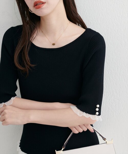 natural couture（ナチュラルクチュール）の「前後2WAYシアーフリルリブニット（ニット/セーター・レディース・オフホワイト/ブルー/グレイッシュベージュ/ブラック/ピンク/レッド・FREE）」の3枚目の写真