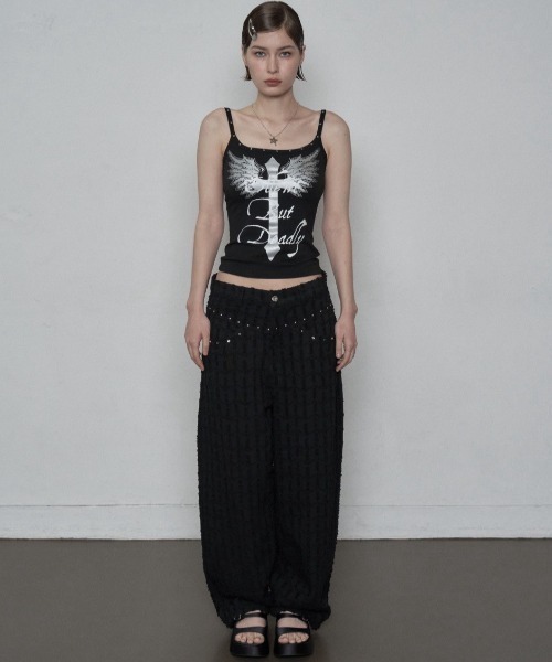 SETUPEXE(セットアップイーエックスイー)の「【SETUP‐EXE】CROSS STUDDED SLEEVELESS / 【セットアップエグゼ】クロススタッズキャミソール(キャミソール・レディース・オフホワイト/ブラック・ONE SIZE)」の11枚目の写真