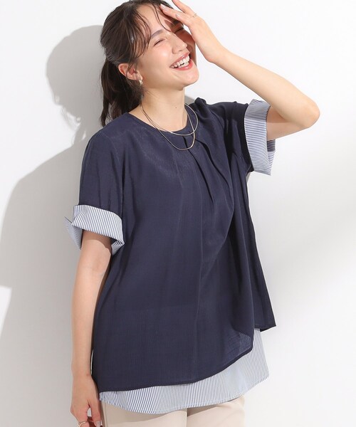 SHOO・LA・RUE(シューラルー)の「【洗える/S-LL】着るだけでコーデが決まる 裾レイヤードトップス(Tシャツ/カットソー・レディース・ネイビー/ライトイエロー系/ネイビー系2/ブルー・01/04/03/02)」の2枚目の写真