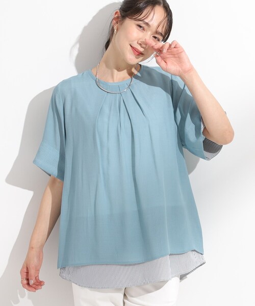 SHOO・LA・RUE(シューラルー)の「【洗える/S-LL】着るだけでコーデが決まる 裾レイヤードトップス(Tシャツ/カットソー・レディース・ネイビー/ライトイエロー系/ネイビー系2/ブルー・01/04/03/02)」の3枚目の写真