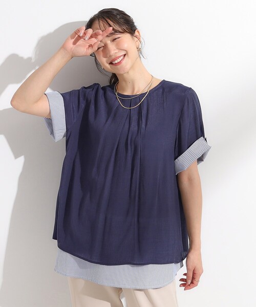 SHOO・LA・RUE(シューラルー)の「【洗える/S-LL】着るだけでコーデが決まる 裾レイヤードトップス(Tシャツ/カットソー・レディース・ネイビー/ライトイエロー系/ネイビー系2/ブルー・01/04/03/02)」の5枚目の写真