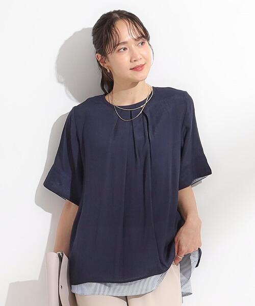SHOO・LA・RUE(シューラルー)の「【洗える/S-LL】着るだけでコーデが決まる 裾レイヤードトップス(Tシャツ/カットソー・レディース・ネイビー/ライトイエロー系/ネイビー系2/ブルー・01/04/03/02)」の6枚目の写真