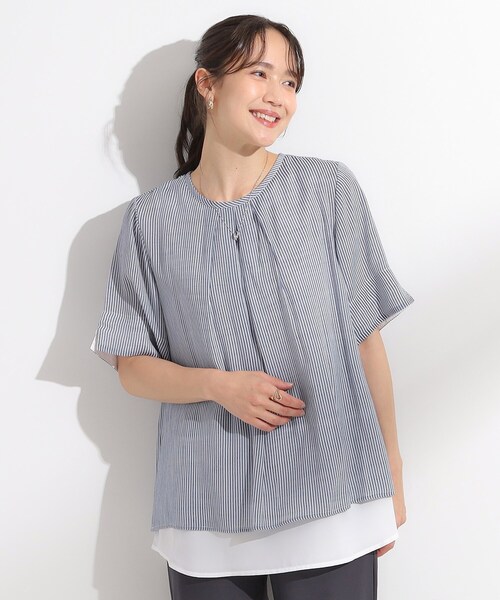 SHOO・LA・RUE(シューラルー)の「【洗える/S-LL】着るだけでコーデが決まる 裾レイヤードトップス(Tシャツ/カットソー・レディース・ネイビー/ライトイエロー系/ネイビー系2/ブルー・01/04/03/02)」の10枚目の写真