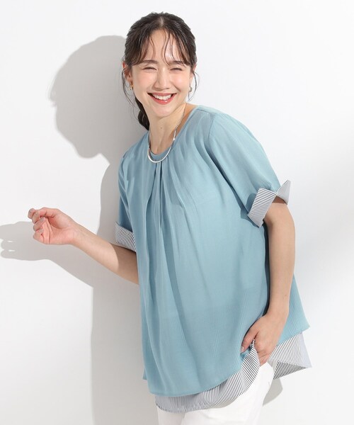 SHOO・LA・RUE(シューラルー)の「【洗える/S-LL】着るだけでコーデが決まる 裾レイヤードトップス(Tシャツ/カットソー・レディース・ネイビー/ライトイエロー系/ネイビー系2/ブルー・01/04/03/02)」の14枚目の写真