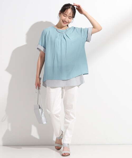SHOO・LA・RUE(シューラルー)の「【洗える/S-LL】着るだけでコーデが決まる 裾レイヤードトップス(Tシャツ/カットソー・レディース・ネイビー/ライトイエロー系/ネイビー系2/ブルー・01/04/03/02)」の16枚目の写真