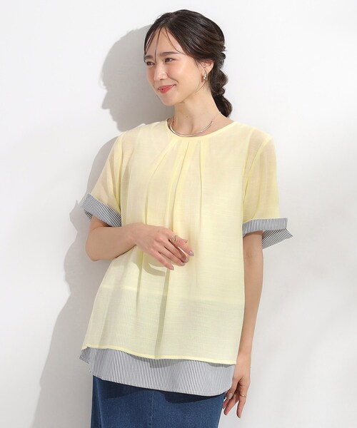 SHOO・LA・RUE(シューラルー)の「【洗える/S-LL】着るだけでコーデが決まる 裾レイヤードトップス(Tシャツ/カットソー・レディース・ネイビー/ライトイエロー系/ネイビー系2/ブルー・01/04/03/02)」の18枚目の写真