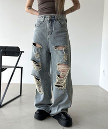 ライトブルー ダメージ ディストロイド デニム ワイド パンツ