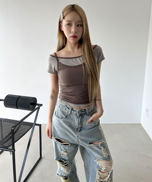 4INT.(フォイント)の「ライトブルー ダメージ ディストロイド デニム ワイド パンツ(その他パンツ・レディース・ライトブルー・L/M/S)」の8枚目の写真