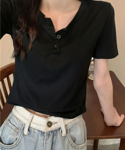 スリムヘンリースクープネックトップス 半袖ヘンリーネックトップス（Tシャツ/カットソー）｜STYLEBLOCK