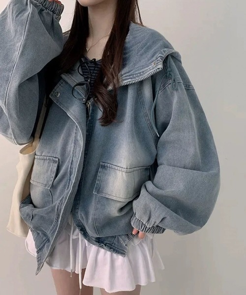 GLAMOROUS JANE(グラマラスジェーン)の「デニムフード付オーバーサイズブルゾン(デニムジャケット・レディース・ブラック/ブルー・FREE)」の5枚目の写真