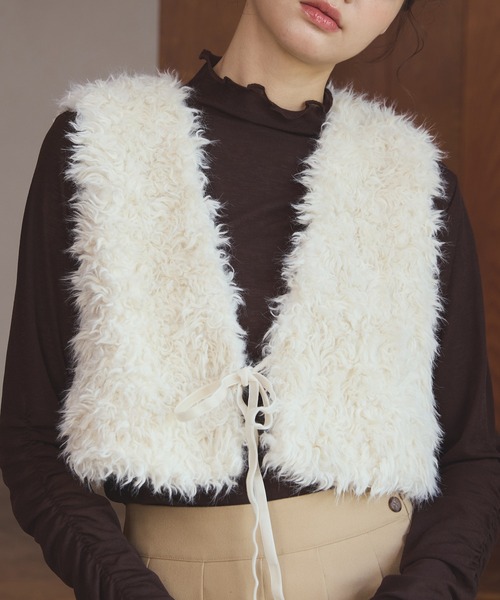 【新品未使用】OLUN ショートリボンファーベスト Short ribbon fur vest/ショートリボンファーベスト（ベスト