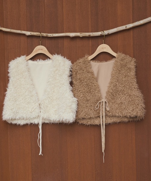 【新品未使用】OLUN ショートリボンファーベスト Short ribbon fur vest/ショートリボンファーベスト（ベスト