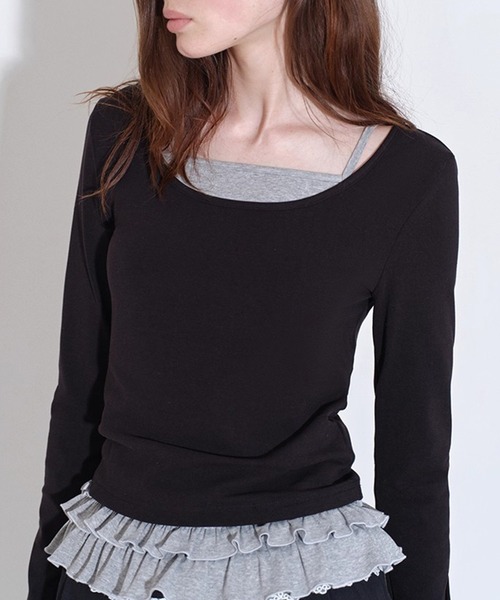 UネックロンT＆フリルキャミソールトップス レイヤードセット