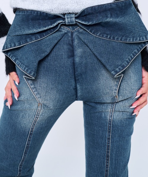 加工デニムリボン さゆり染め Ribbon linestone denim / リボンラインストーンデニム（デニムパンツ