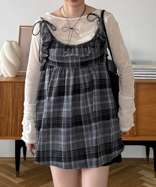 INTER FACTORY(インターファクトリー)の「ちょこび - チェックキャミチュニック made in INTER FACTORY(チュニック・レディース・ベージュ/グレー・FREE)」の2枚目の写真