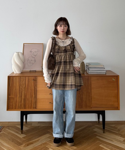 INTER FACTORY(インターファクトリー)の「ちょこび - チェックキャミチュニック made in INTER FACTORY(チュニック・レディース・ベージュ/グレー・FREE)」の5枚目の写真