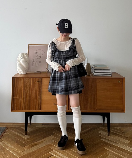 INTER FACTORY(インターファクトリー)の「ちょこび - チェックキャミチュニック made in INTER FACTORY(チュニック・レディース・ベージュ/グレー・FREE)」の9枚目の写真