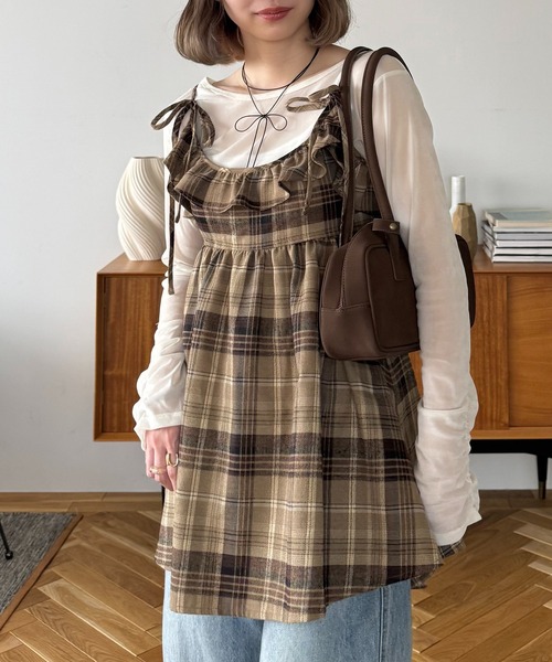 INTER FACTORY(インターファクトリー)の「ちょこび - チェックキャミチュニック made in INTER FACTORY(チュニック・レディース・ベージュ/グレー・FREE)」の13枚目の写真