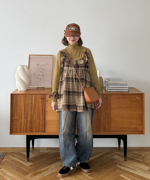 INTER FACTORY(インターファクトリー)の「ちょこび - チェックキャミチュニック made in INTER FACTORY(チュニック・レディース・ベージュ/グレー・FREE)」の7枚目の写真