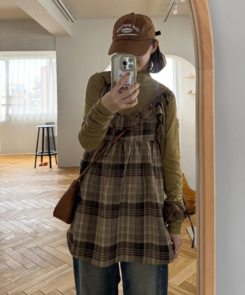 INTER FACTORY(インターファクトリー)の「ちょこび - チェックキャミチュニック made in INTER FACTORY(チュニック・レディース・ベージュ/グレー・FREE)」の14枚目の写真