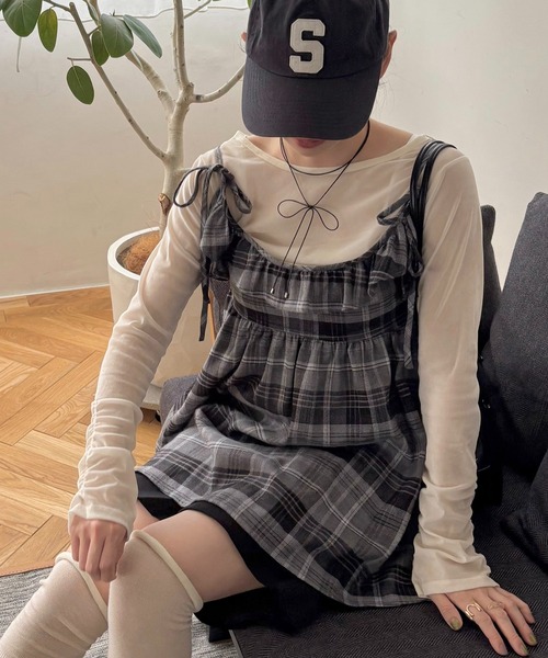 INTER FACTORY(インターファクトリー)の「ちょこび - チェックキャミチュニック made in INTER FACTORY(チュニック・レディース・ベージュ/グレー・FREE)」の8枚目の写真