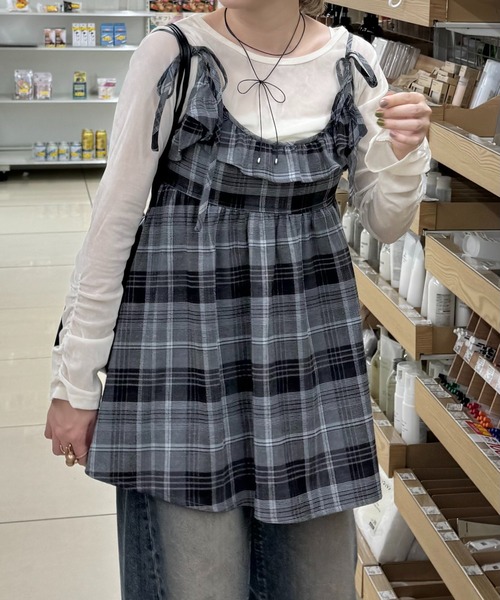 INTER FACTORY(インターファクトリー)の「ちょこび - チェックキャミチュニック made in INTER FACTORY(チュニック・レディース・ベージュ/グレー・FREE)」の20枚目の写真