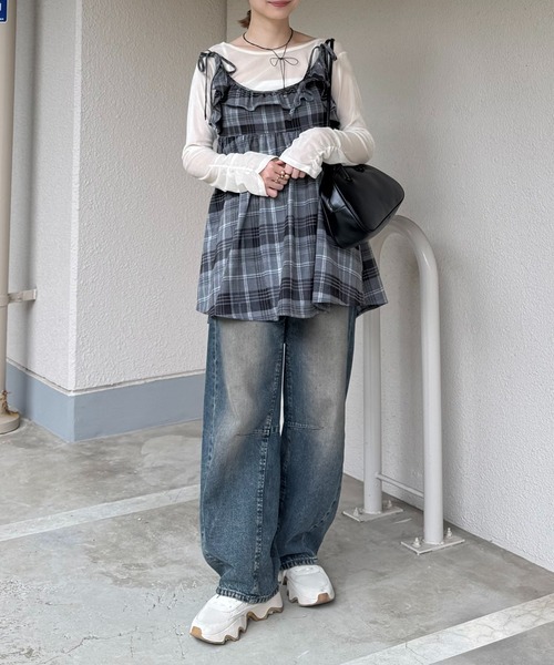 INTER FACTORY(インターファクトリー)の「ちょこび - チェックキャミチュニック made in INTER FACTORY(チュニック・レディース・ベージュ/グレー・FREE)」の11枚目の写真