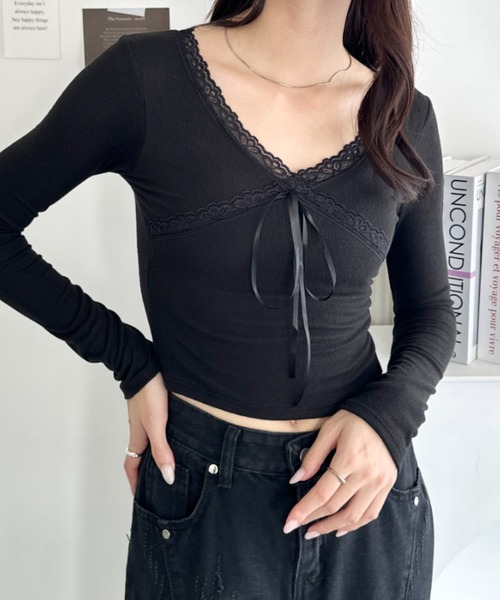 wears（ウェアーズ）の「リボン付きレースカットソー（Tシャツ/カットソー・レディース・ブラック系その他/ブラック/グレー系その他/ピンク/ホワイト/ホワイト系その他・FREE）」の4枚目の写真