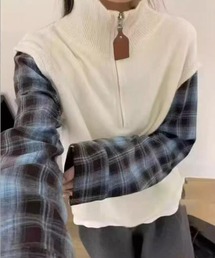 セミジップスタンドカラー ニットベスト チェックスリーブパッチワーク アウター