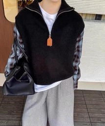 セミジップスタンドカラー ニットベスト チェックスリーブパッチワーク アウター