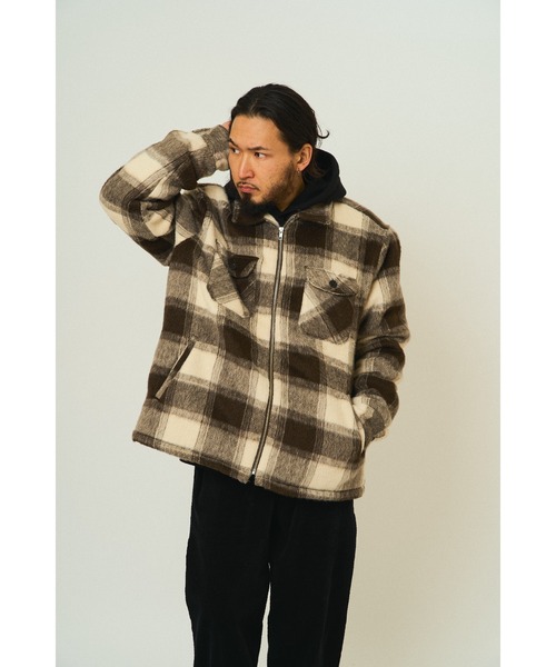 STUSSY 中綿ブルゾン　M ブラウン　チェック柄　ジップアップ　キルティング BIG MIKE ビックマイク / 25秋冬新作 起毛チェック 裏キルティング