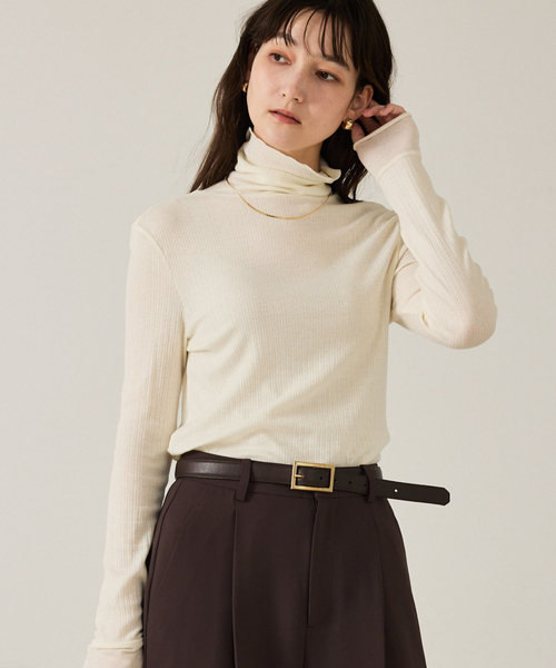 qualite（カリテ）の「シルクMIXテレコプルオーバー/秋服/冬服/タートルネック（ニット/セーター・レディース・オフホワイト/チャコールグレー/ライム・フリー）」の2枚目の写真