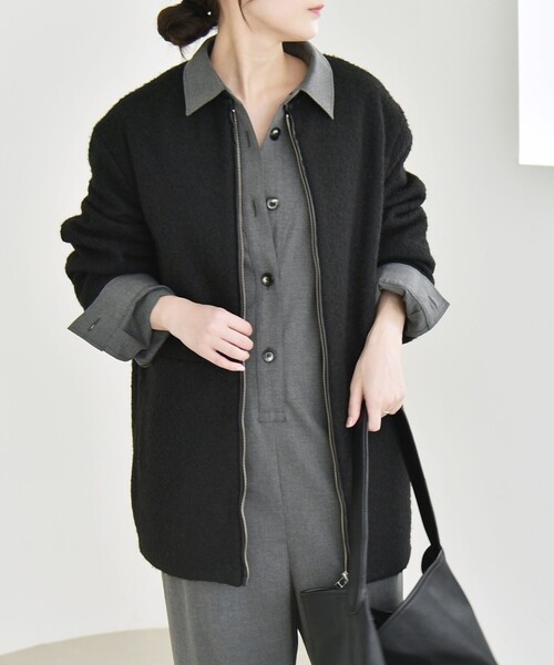 大人気完売品☆Cen. パイピングコート☆ノーカラージャケット☆ブラック☆日本製 セール】quaranciel: ノーカラー パイピング ジップ コート（ノー