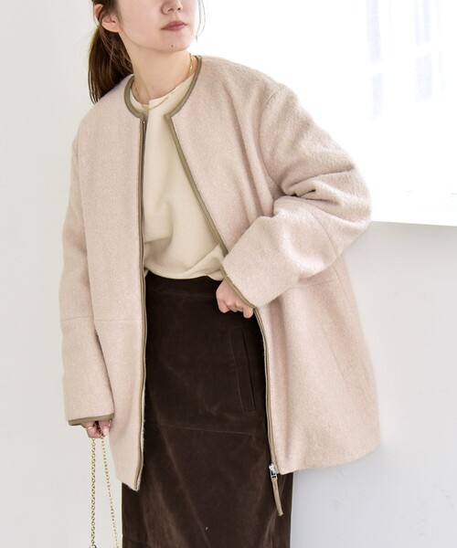 セール】quaranciel: ノーカラー パイピング ジップ コート（ノー