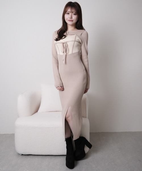デコルテオープンバイカラーリボンニットワンピース（ワンピース