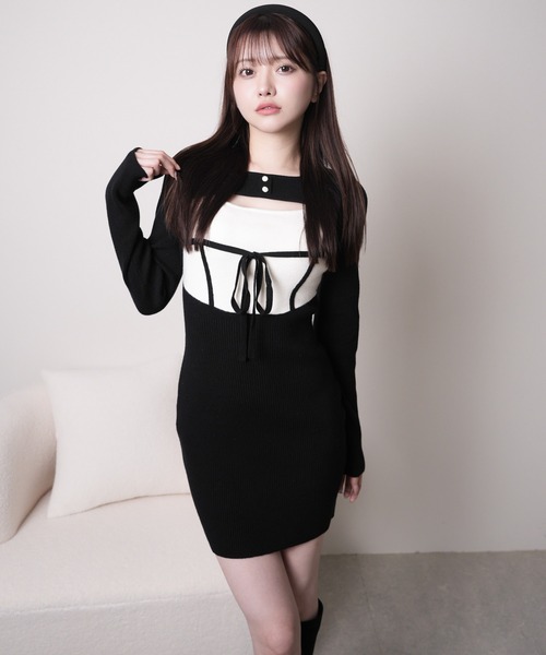 LIPSERVICE(リップサービス)の「デコルテオープンバイカラーリボンニットワンピース(ワンピース・レディース・ブラック/ベージュ・M/S)」の18枚目の写真