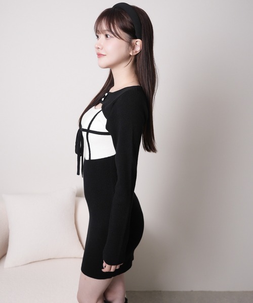 LIPSERVICE(リップサービス)の「デコルテオープンバイカラーリボンニットワンピース(ワンピース・レディース・ブラック/ベージュ・M/S)」の21枚目の写真