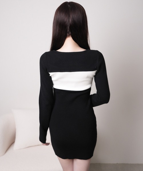 デコルテオープンバイカラーリボンニットワンピース（ワンピース