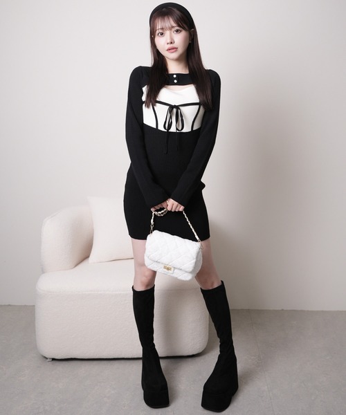 セール】デコルテオープンバイカラーリボンニットワンピース